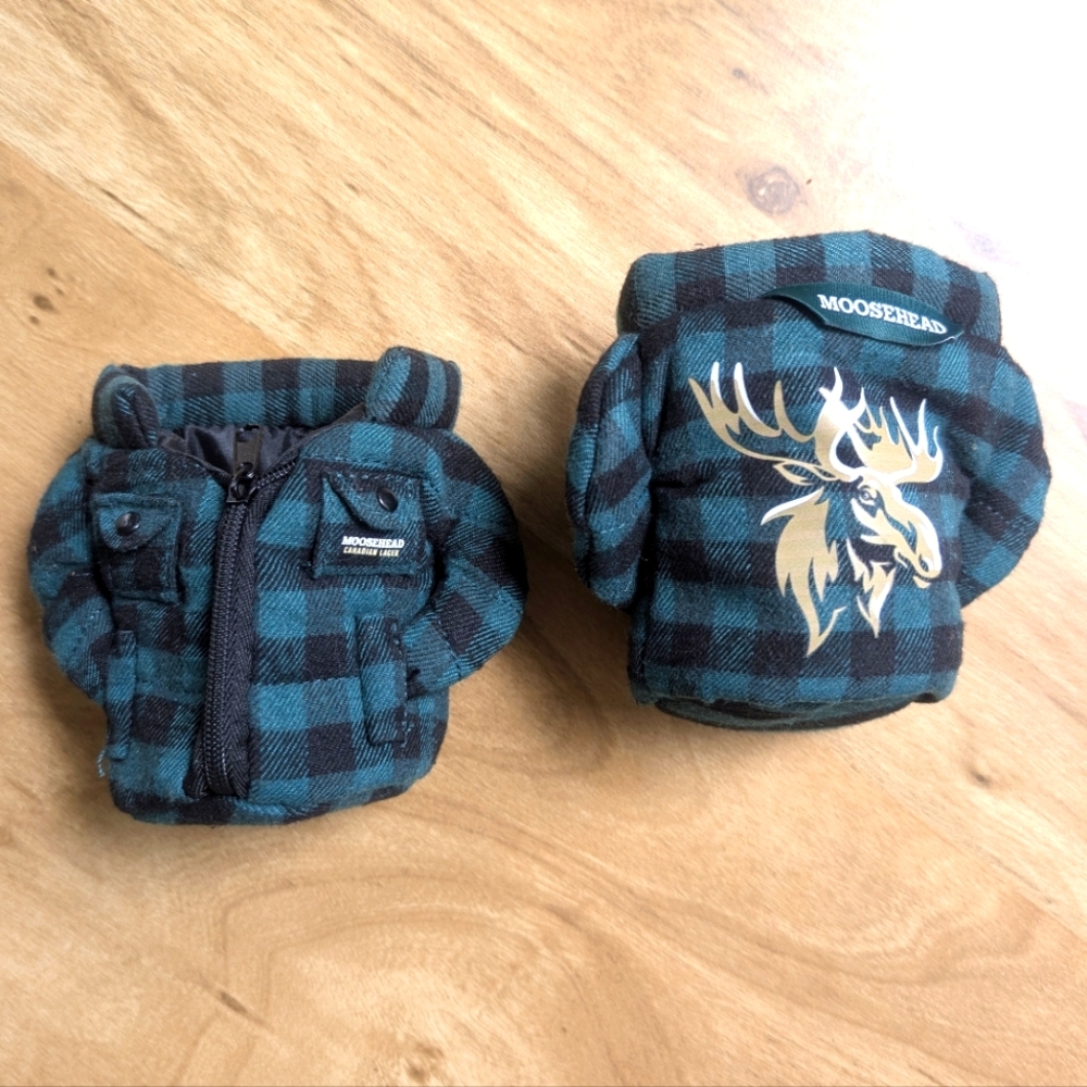 (2) Moosehead Lager Jacket Can Koozie  - Green & Black Plaid Jacket